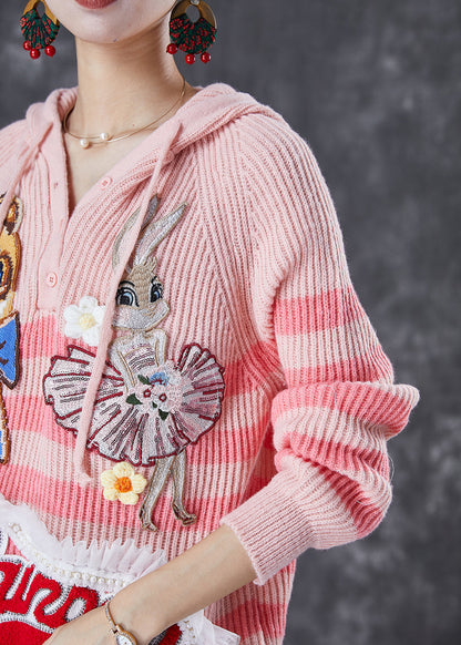 Pink Animal Embroidered Patchwork Knit Pullover Tops Fall