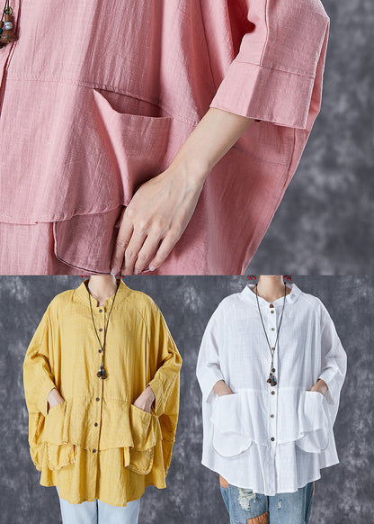Pink Button Down Pockets Linen Blouses Batwing Sleeve
