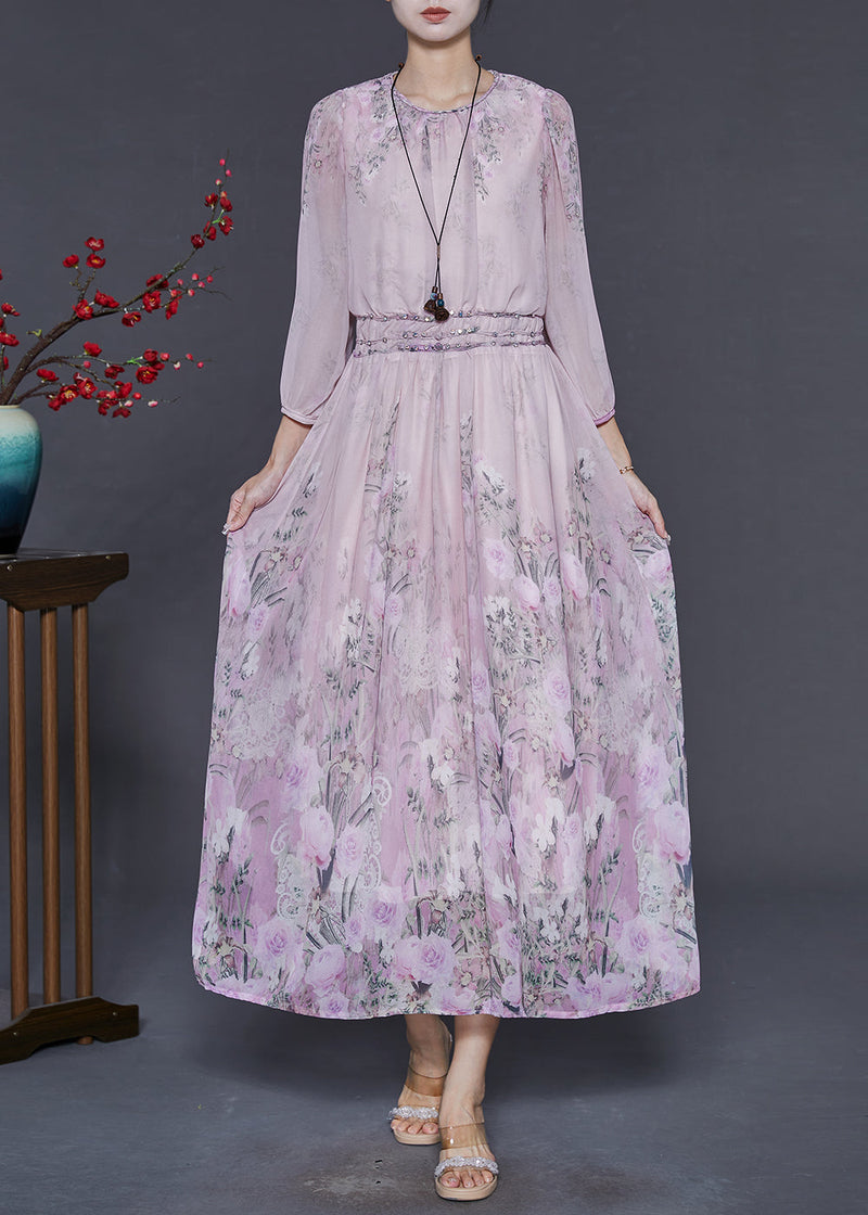 Pink Elastic Waist Print Chiffon Dresses Bracelet Sleeve