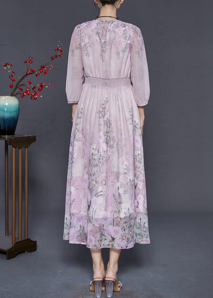 Pink Elastic Waist Print Chiffon Dresses Bracelet Sleeve
