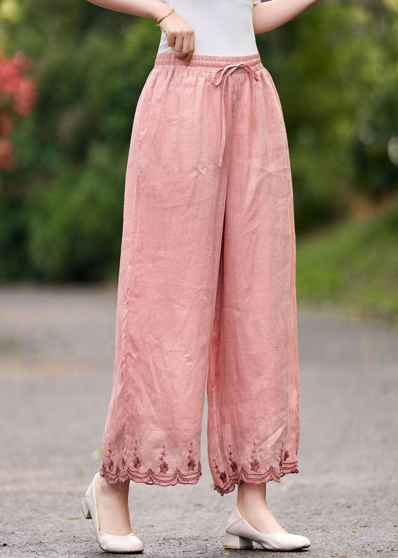 Pink Embroidered Elastic Waist Linen Pants Summer