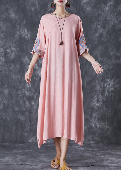 Pink Embroideried Linen a Line Dress Half Sleeve
