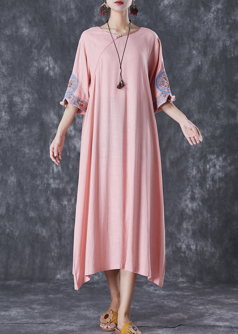 Pink Embroideried Linen a Line Dress Half Sleeve