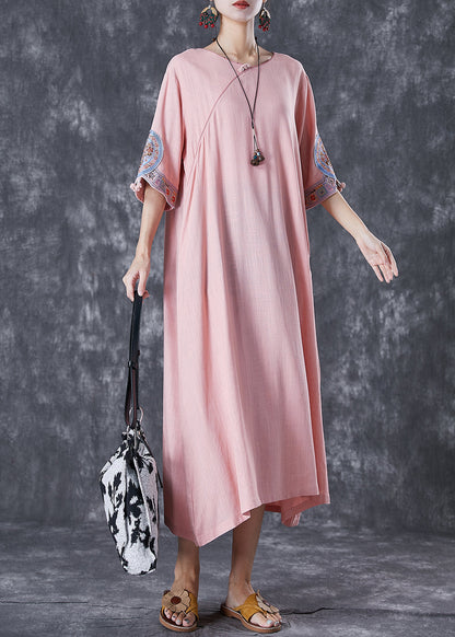 Pink Embroideried Linen a Line Dress Half Sleeve