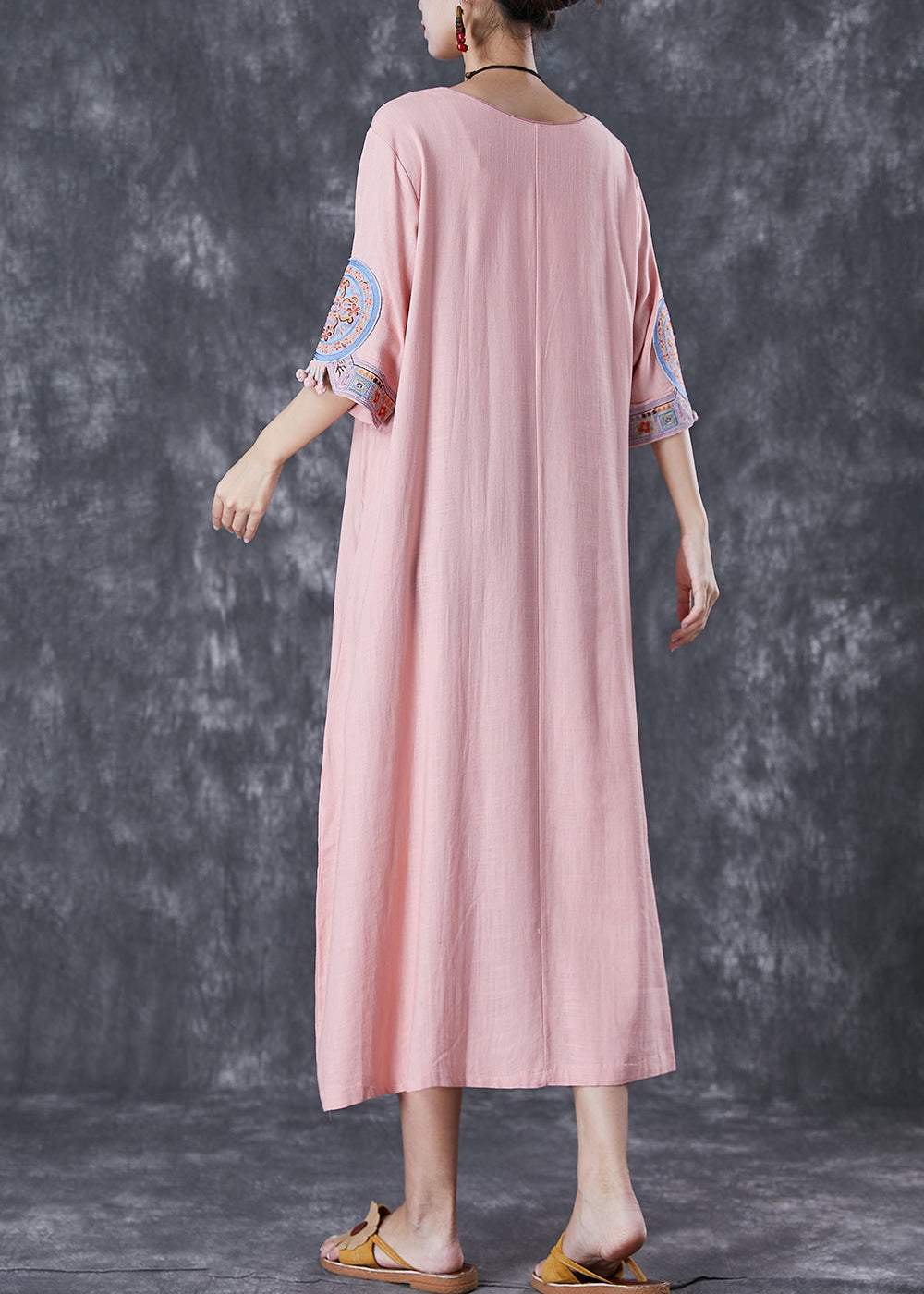 Pink Embroideried Linen a Line Dress Half Sleeve