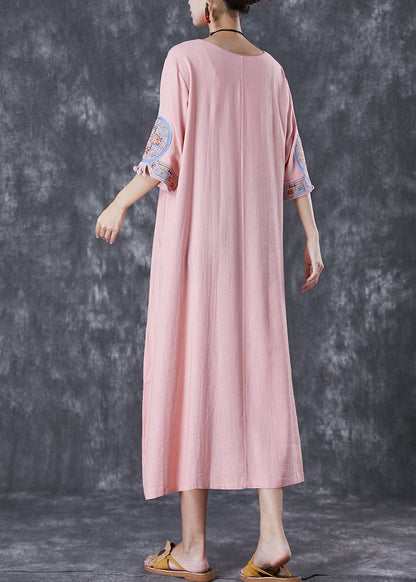 Pink Embroideried Linen a Line Dress Half Sleeve