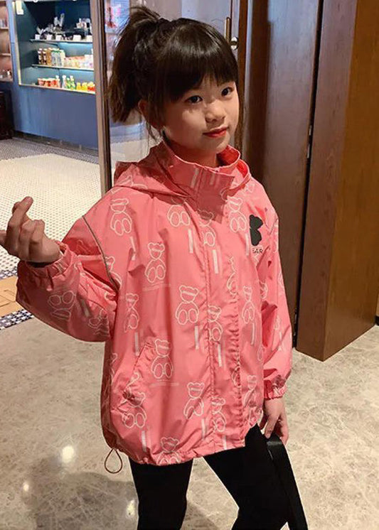 Pink Hooded Print Drawstring Cotton Coats Long Sleeve