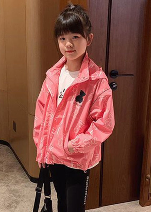Pink Hooded Print Drawstring Cotton Coats Long Sleeve