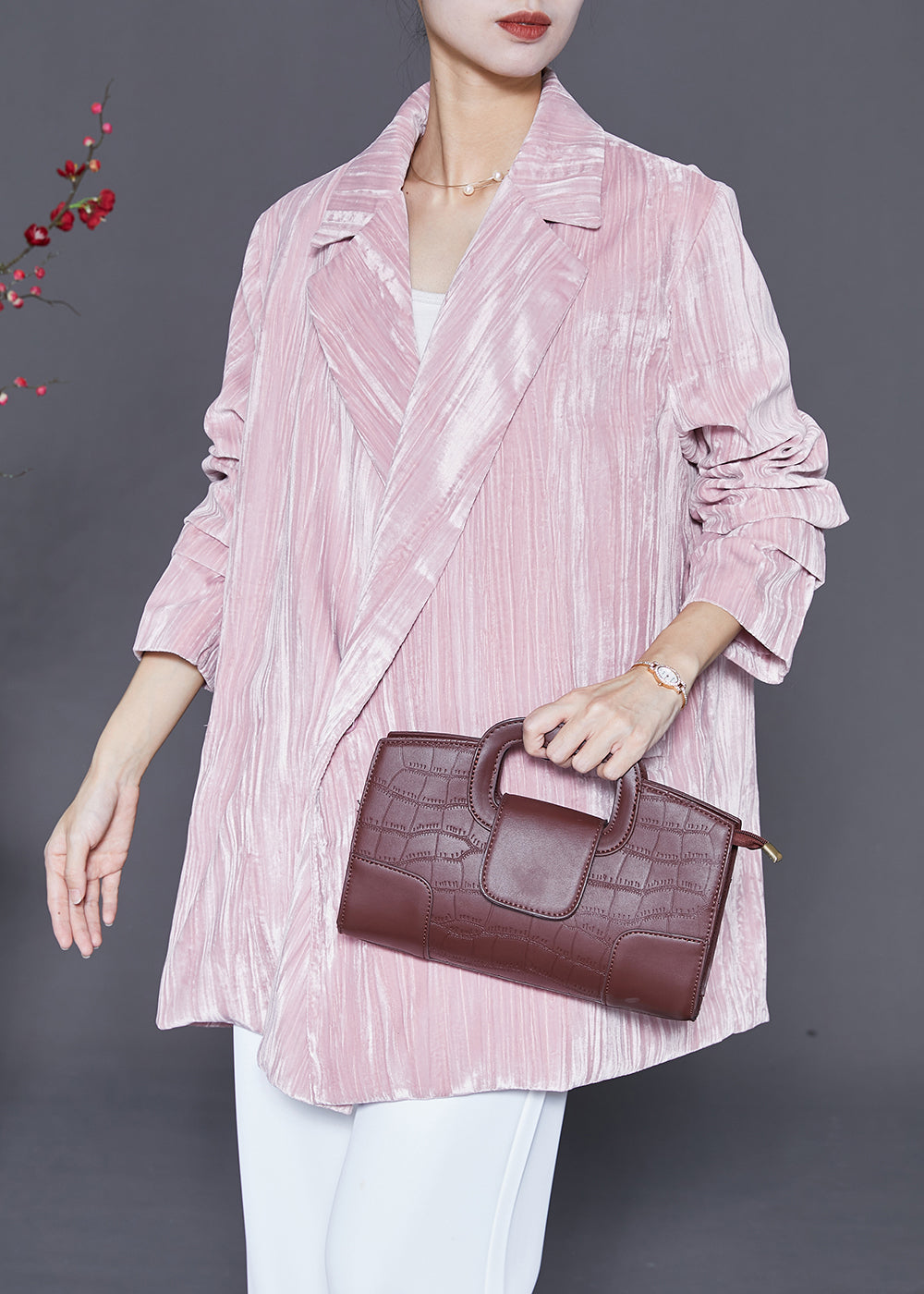 Pink Notched Oversized Silk Velour Jackets Fall