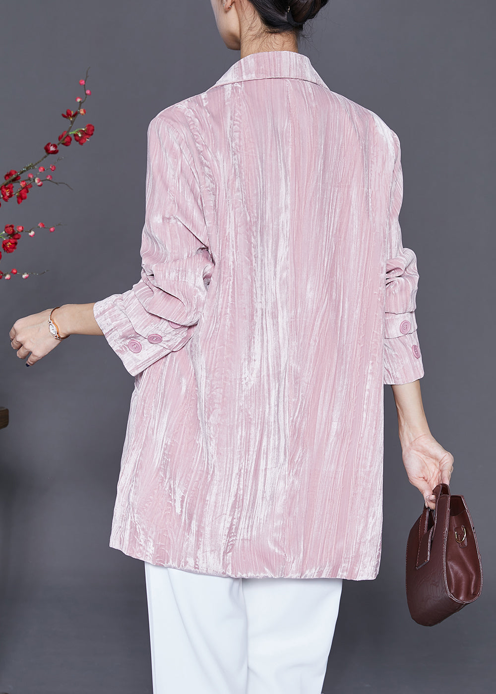 Pink Notched Oversized Silk Velour Jackets Fall