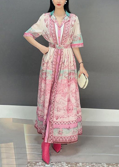 Pink Notched Print Tie Waist Long Dresses Short Sleeve