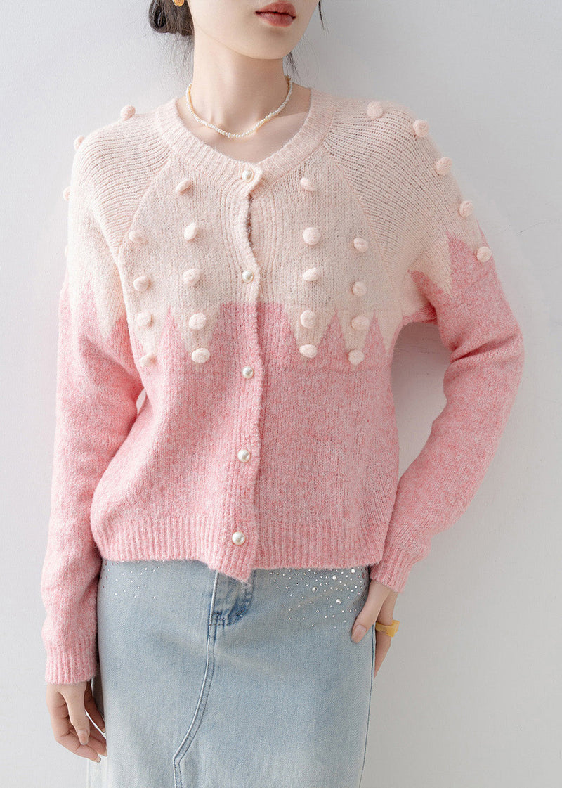 Pink O Neck Fuzzy Ball Decorated Knit Cardigans Spring