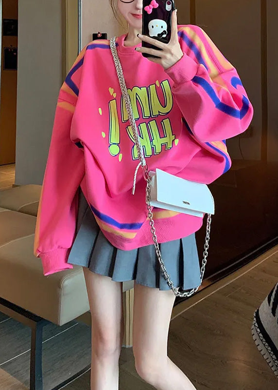 Pink O Neck Graphic Warm Fleece Loose Sweatshirts Top Spring