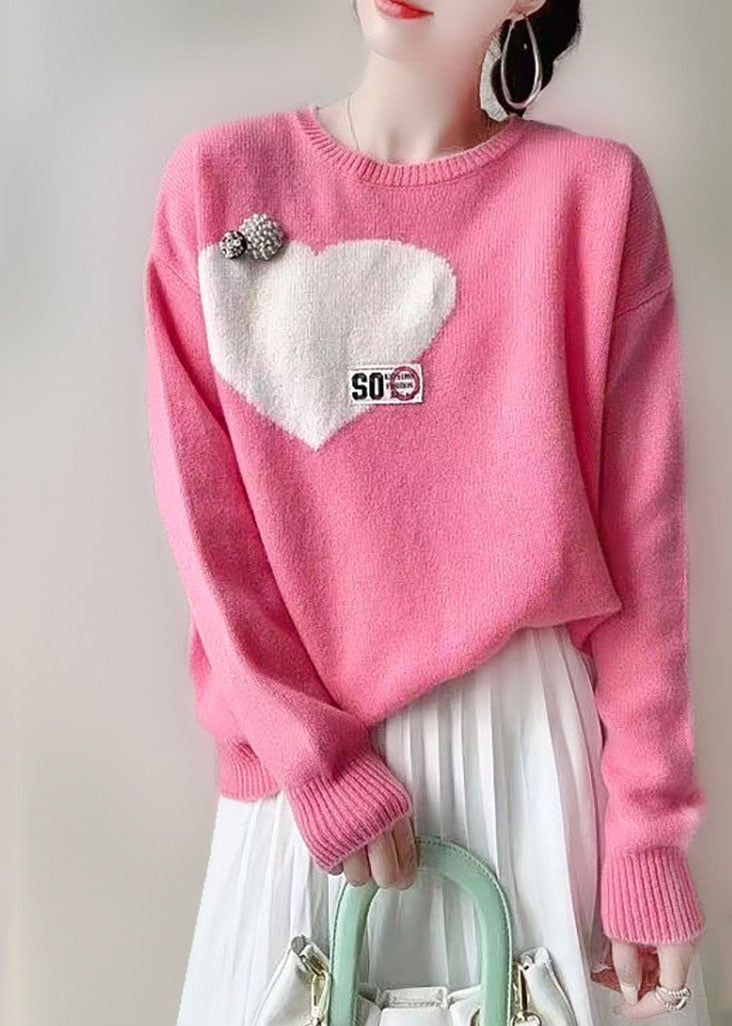 Pink O-neck Love Jacquard Nail Bead Knit Top Winter