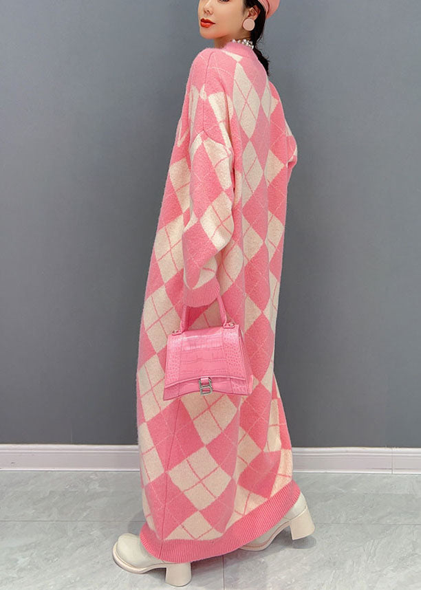 Pink O Neck Oversized Plaid Knit Long Dress Winter