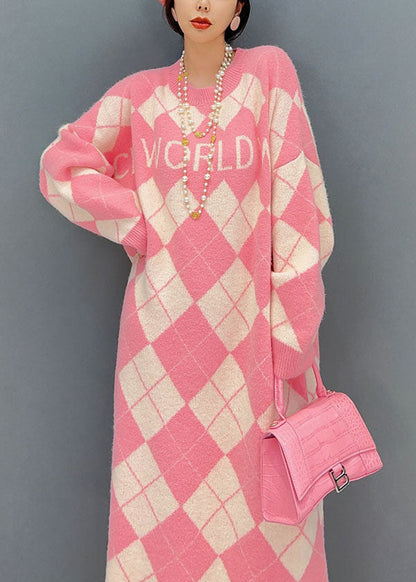 Pink O Neck Oversized Plaid Knit Long Dress Winter
