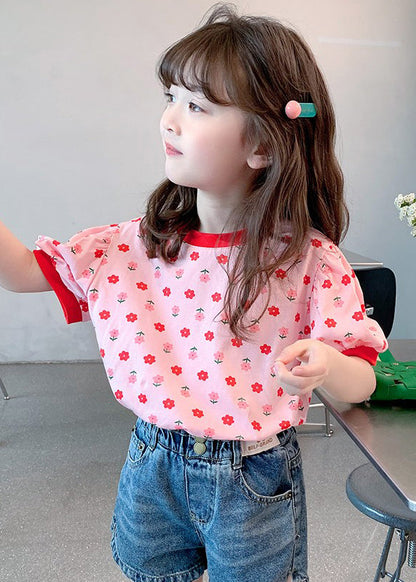 Pink O Neck Print Cotton Kids T Shirt Summer