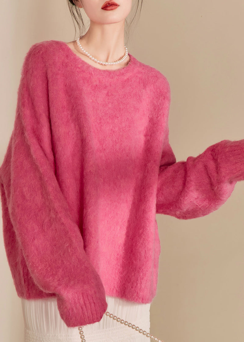 Pink O-neck Thick Cotton Knit Sweaters Spring
