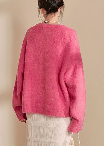 Pink O-neck Thick Cotton Knit Sweaters Spring