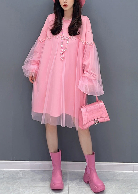 Pink O Neck Tulle Patchwork Cotton Mid Dresses Fall
