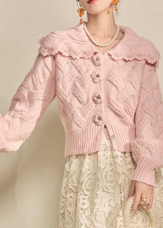 Pink Peter Pan Collar Cotton Knit Cardigans Lantern Sleeve
