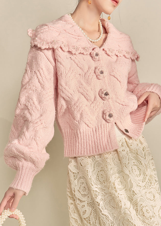 Pink Peter Pan Collar Cotton Knit Cardigans Lantern Sleeve