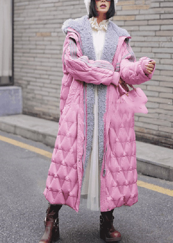 Pink Peter Pan Collar Plaid Fleece Wool Lined Maxi Parka Winter