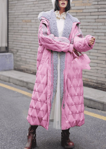 Pink Peter Pan Collar Plaid Fleece Wool Lined Maxi Parka Winter