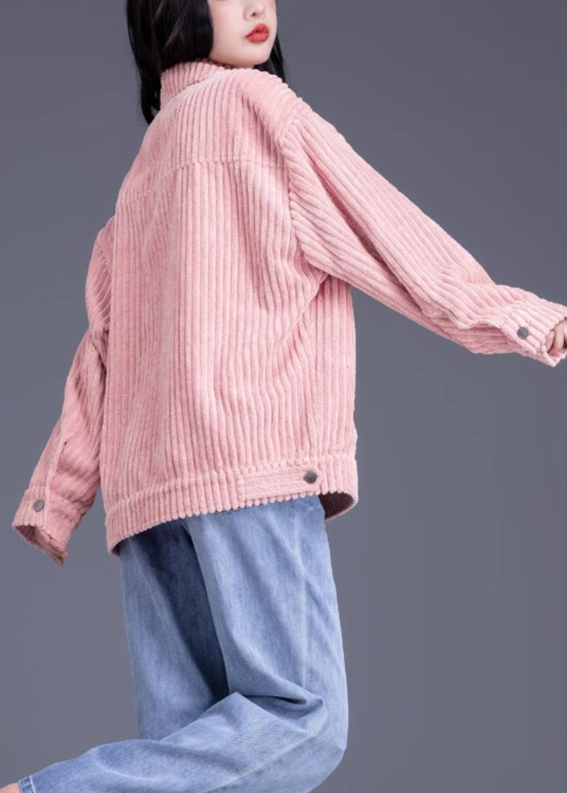 Pink Peter Pan Collar Pockets Loose Corduroy Coat Spring