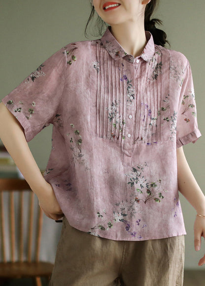 Pink Peter Pan Collar Print Button Linen Shirts Short Sleeve