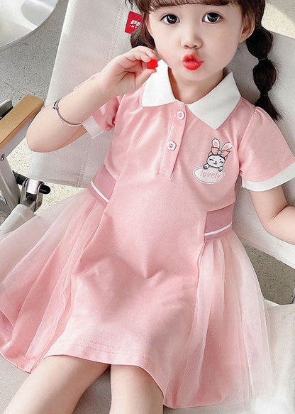 Pink Peter Pan Collar Tulle Patchwork Cotton Kids Dress Summer