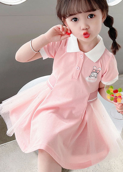 Pink Peter Pan Collar Tulle Patchwork Cotton Kids Dress Summer