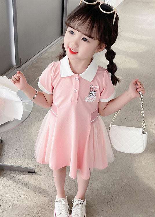 Pink Peter Pan Collar Tulle Patchwork Cotton Kids Dress Summer