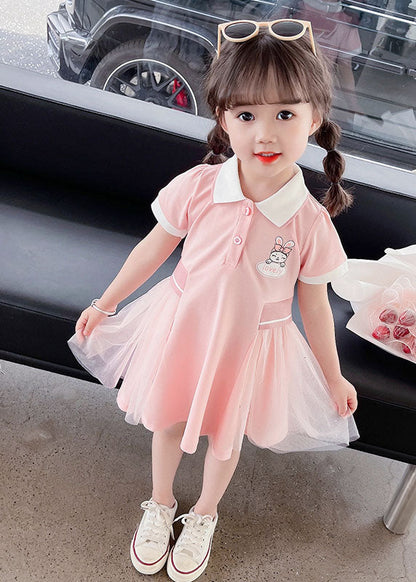Pink Peter Pan Collar Tulle Patchwork Cotton Kids Dress Summer