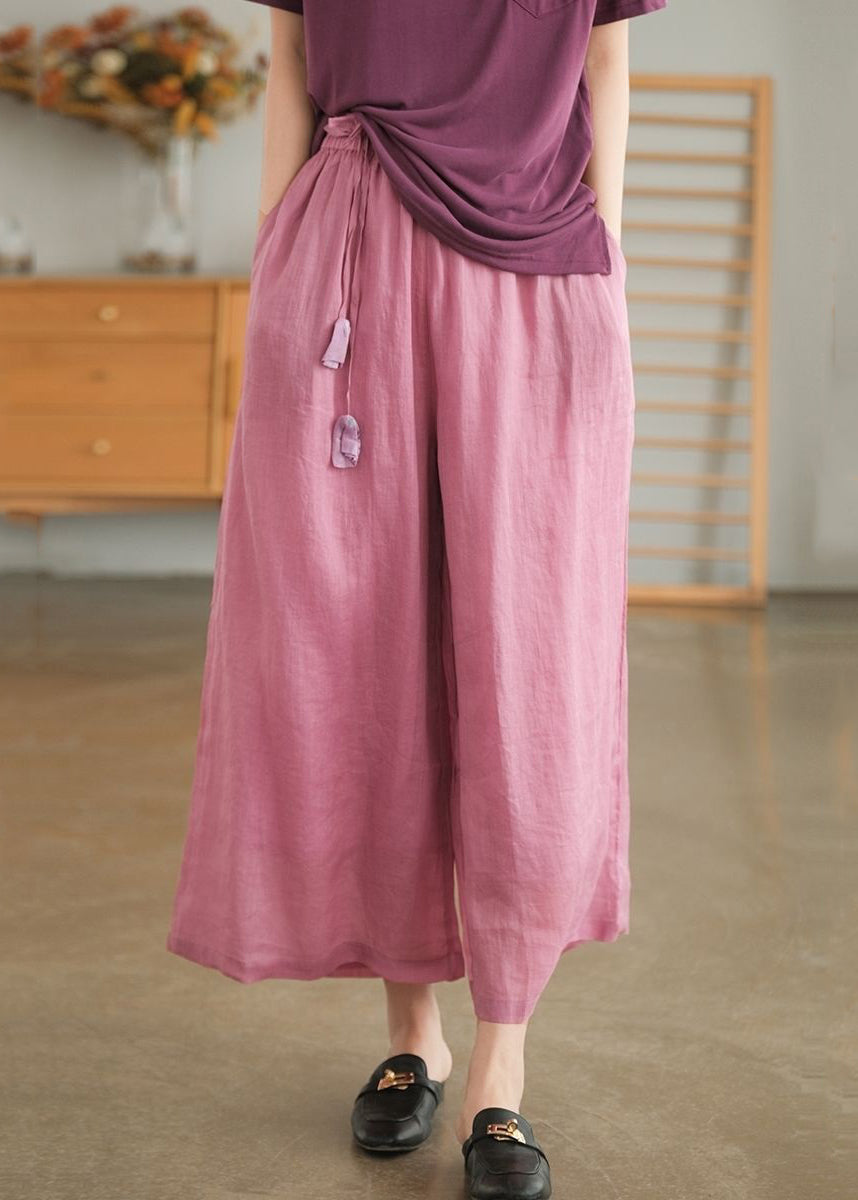 Pink Pockets Lace Up Elastic Waist Linen Wide Leg Pants Summer