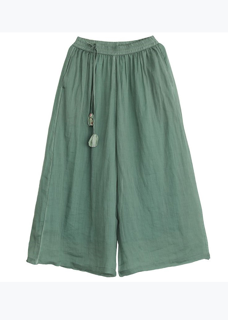 Pink Pockets Lace Up Elastic Waist Linen Wide Leg Pants Summer