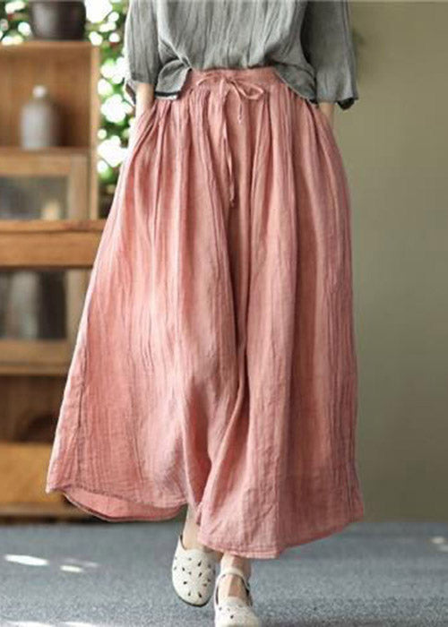 Blue Flowers Pockets Wrinkled Tie Waist Linen Skirt Summer