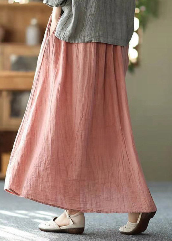 Pink Pockets Wrinkled Tie Waist Linen Skirt Summer