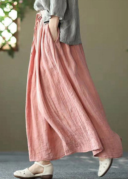 Blue Flowers Pockets Wrinkled Tie Waist Linen Skirt Summer