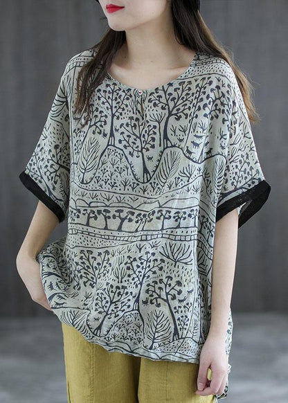 Pink Print Patchwork Summer Linen Shirt Half Sleeve