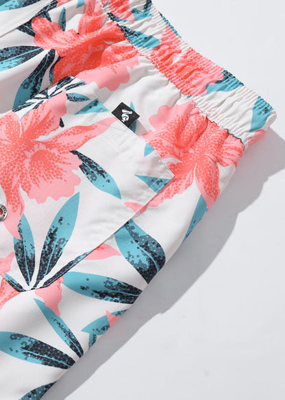 Pink Print Pockets Elastic Waist Cotton Shorts Summer