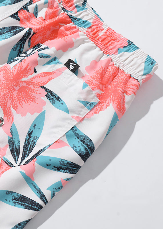 Pink Print Pockets Elastic Waist Cotton Shorts Summer