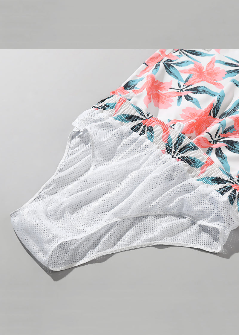 Pink Print Pockets Elastic Waist Cotton Shorts Summer