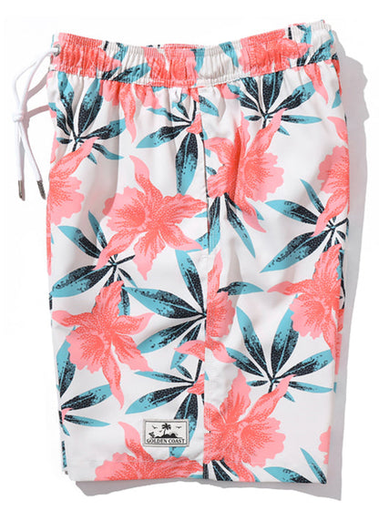 Pink Print Pockets Elastic Waist Cotton Shorts Summer