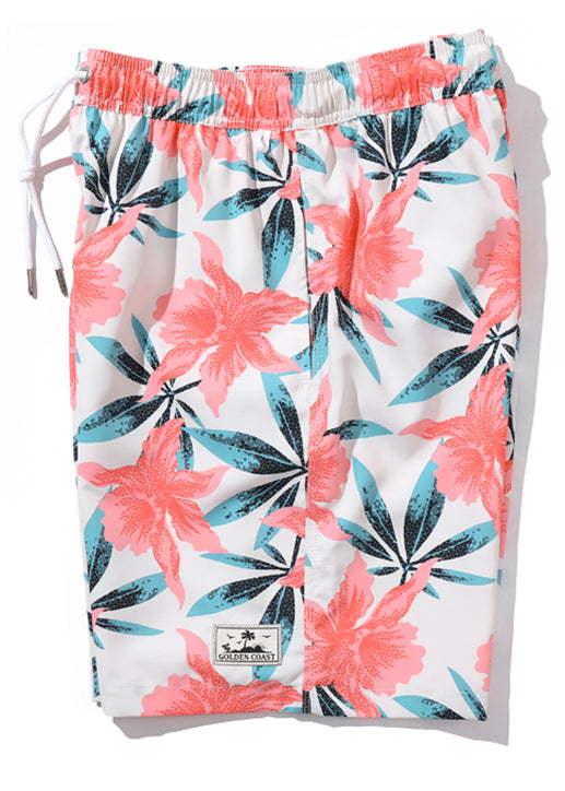 Pink Print Pockets Elastic Waist Cotton Shorts Summer