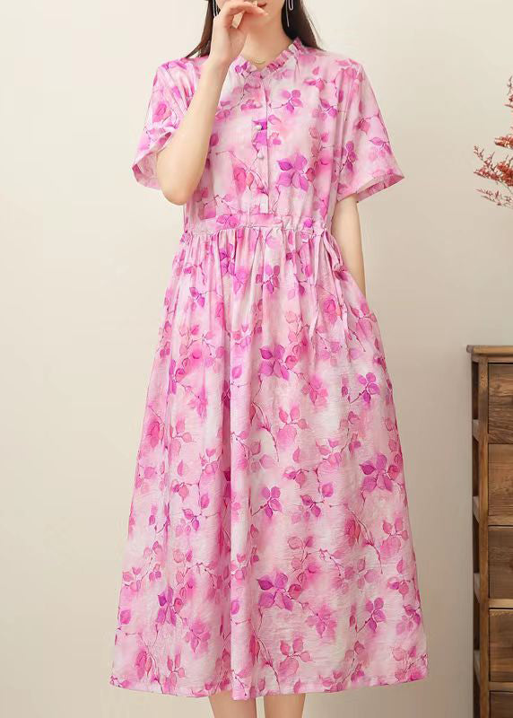 Pink Print Ruffled Patchwork Drawstring Silk Linen Long Dress Short Sleeve