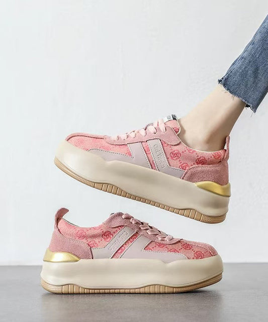 Pink Print Splicing Platform Flats Lace Up