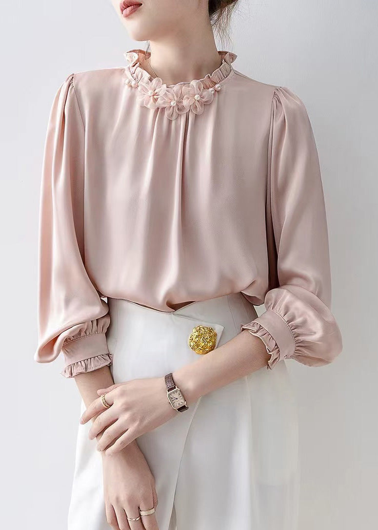 Pink Ruffled Chiffon Tops Spring