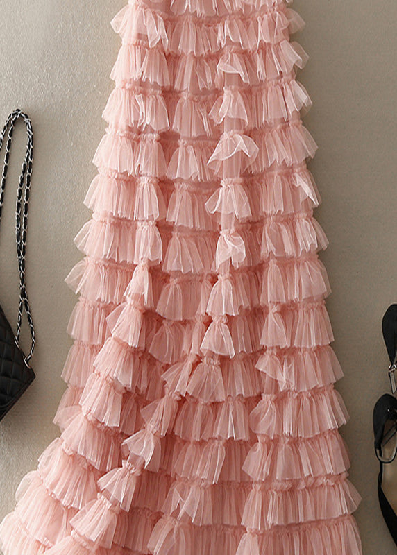 Pink Ruffled Patchwork Tulle Skirt Spring