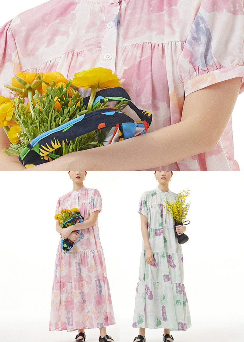 Pink Stand Collar Patchwork Maxi Dress Summer Short Sleeve